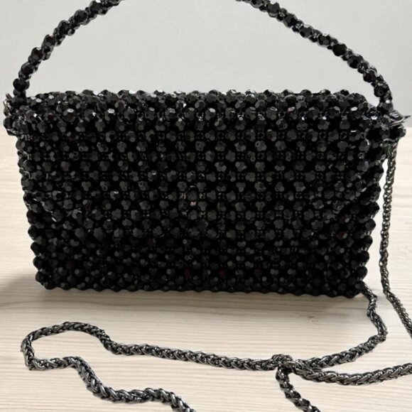 Handmade Black Beaded Shoulder Bag with Silver Chain Strap - Picture 6 of 9